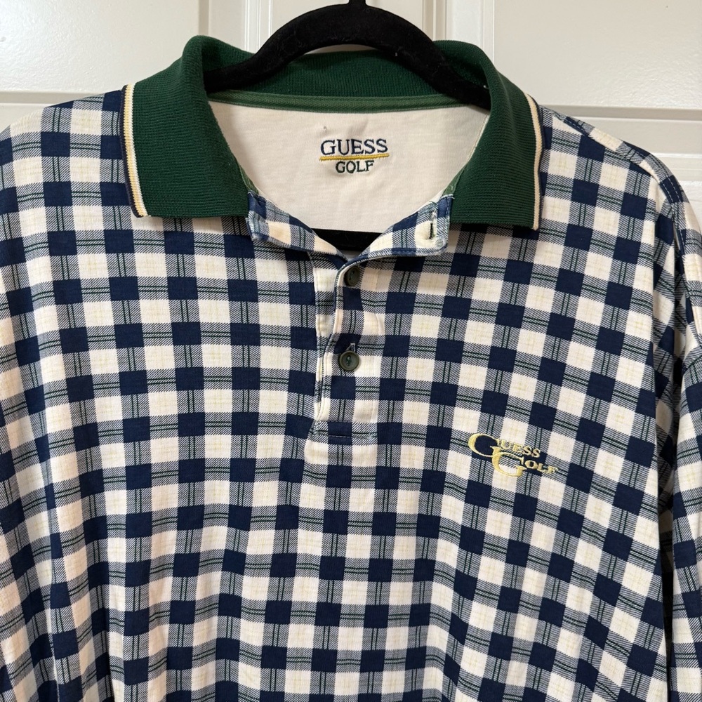 Vintage Guess Golf Mens polo shirt L USA made green navy plaid 90’s Y2K preppy